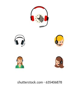 Flat Call Set Of Secretary, Earphone, Call Center And Other Vector Objects. Also Includes Earphone, Center, Headset Elements.