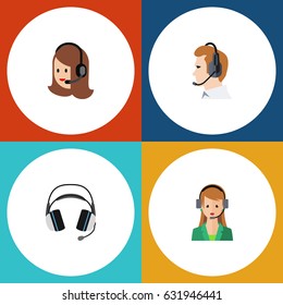 Flat Call Set Of Telemarketing, Earphone, Secretary And Other Vector Objects. Also Includes Support, Call, Online Elements.