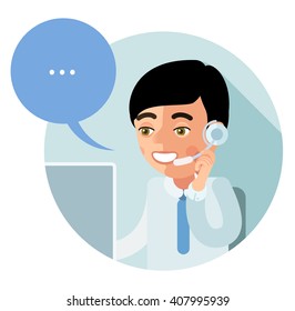 Flat call-center icon. Young operator customer service, sitting half-turned, smiling, talking on the phone and looking at computer monitor. eps8
