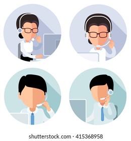 Flat call-center icon. Young operator customer service, a man and woman, talking on the phone, a stylized. eps8
