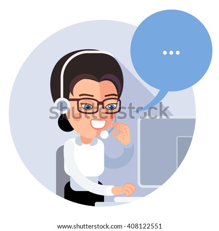 Flat call-center icon. Young operator customer service, a girl, sitting half-turned, smiling, talking on the phone and looking at computer monitor. eps8