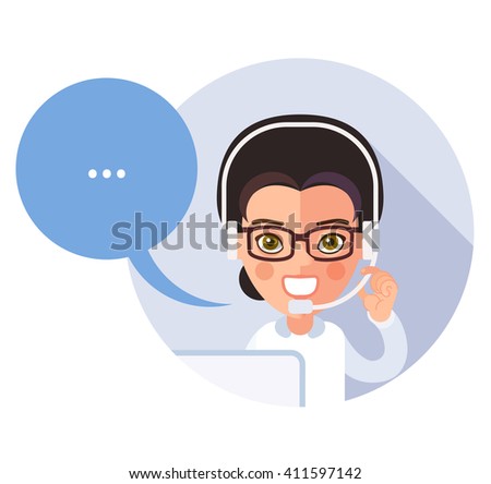 Flat call-center icon. Young operator customer service, a girl, smiling, talking on the phone, full face, looking at the viewer. Speech bubble. eps8