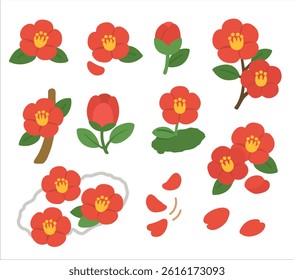 Flat Camellia Flower Set, Spring Red Floral Clipart