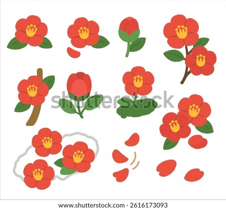Flat Camellia Flower Set, Spring Red Floral Clipart