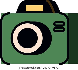 A flat camera image shows a green body with a large lens and small buttons.  This photography device is depicted in a basic style suitable for various applications. Cartoon vector illustration - Powered by Shutterstock - Get 15% off with code: PIKWIZARD15