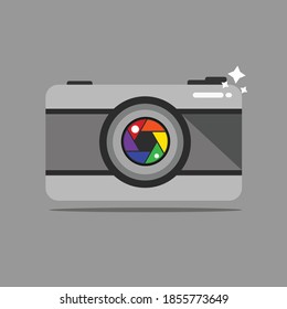 Flat camera vector icon with colorful shutter lens and camera flash. Vector illustration.