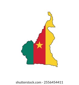 Flat Cameroon outline map with national flag wiyh black contour. Cameroon map isolated on white background. Vector illustration map
