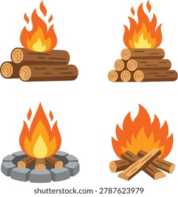 Flat Campfire and Bonfire Vector Set, Cozy Camping Firewood with Stone Ring and Orange Flames