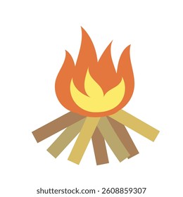 Flat campfire vector with flames and wooden logs. Perfect for camping, hiking, adventure, summer, and children’s projects. Vector bonfire icon with flame and firewood. 