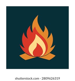 Flat of a campfire with warm orange and yellow flames on a dark teal square background