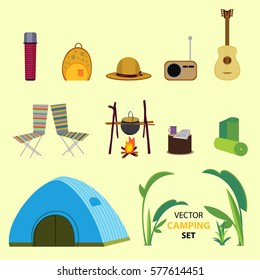 Flat camping elements collection with backpacking tourist outdoor recreation equipment and accessories on light background isolated vector illustration