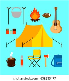 Flat camping elements collection with backpacking equipment and accessories on turquoise background isolated vector illustration
