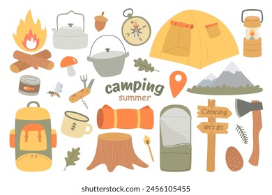 Flat camping and hiking elements, isolated on white background, vector.