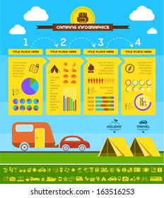 Flat Camping Infographic Elements plus Icon Set. Vector EPS 10.