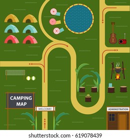 Flat camping map concept with tourist tents pond places for volleyball game food cooking and recreation vector illustration
