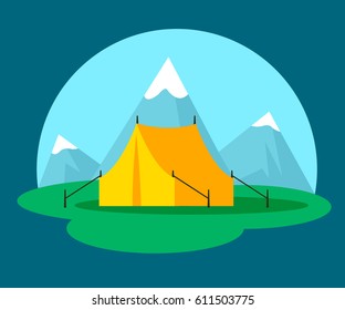 Flat camping and outdoor recreation concept with tourist tent on mountain landscape vector illustration