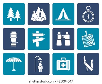 Flat Camping, travel and Tourism icons - vector icon set