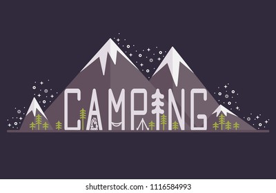 Flat camping vector illustration. Camping in the mountains at night