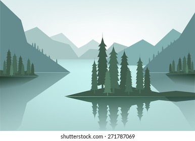 Flat Canadian Landscape With Mountains, Lake And Pine Trees