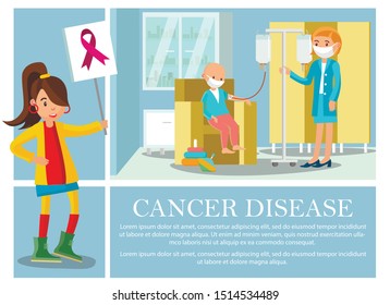 Flat cancer disease composition with kid receiving oncological illness medical treatment and young woman holding sign with pink ribbon vector illustration