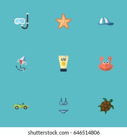 Flat Cancer, Fly, Tortoise And Other Vector Elements. Set Of Beach Flat Symbols Also Includes Cap, Animal, Sea Objects.