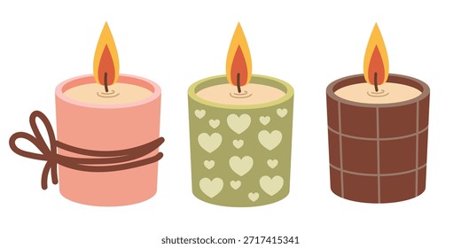Flat candle set. Scented candle in a hygge style for home decor.