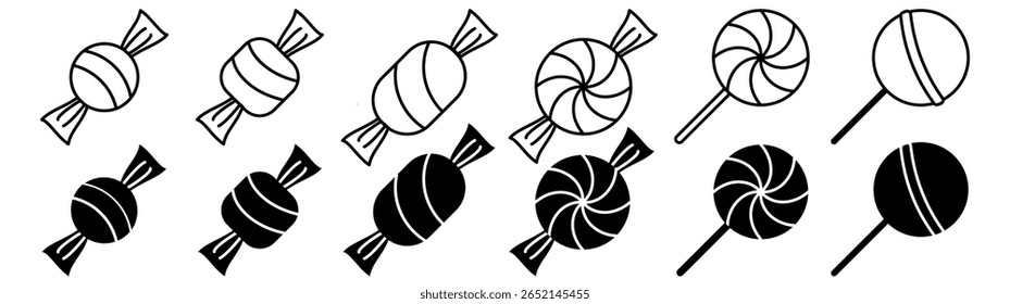 Flat candy and lollipop icon set in outline and solid styles EPS 10. Includes sweet treats like wrapped candies and round swirl lollipops, perfect for food illustrations, packaging or playful designs.