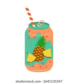 Flat canned and bottled fizzy fruit drinks and flavored sodas. Summer cold and soft drinks