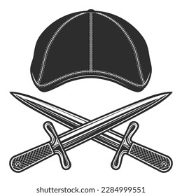 Flat cap gatsby tweed hat with gangster dagger knife vector vintage illustration