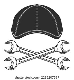 Flat cap gatsby tweed hat with constriction or mechanic service repair spanner wrenvh vector vintage illustration