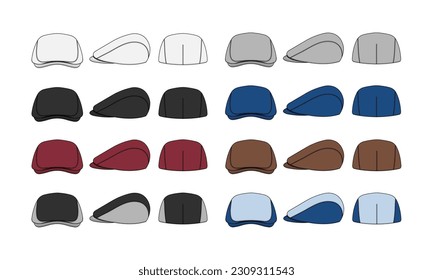 Flat cap ( hunting hat ) vector template illustration set