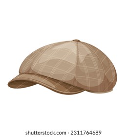 Flat cap vector illustration. Cartoon isolated retro newsboy or paperboy tweed hat with visor and button on top, vintage fashion clothing for head of Irish or English gentleman, classic detectives cap