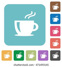 Flat cappuccino icons on rounded square color backgrounds.