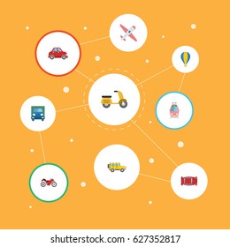 Flat Car, Aircraft, Scooter And Other Vector Elements. Set Of Machine Flat Symbols Also Includes Moped, Streetcar, Motorcycle Objects.