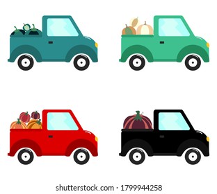 Flat car collection whith pumpkin for concept design isolated vector illustration. Fall celebration. Autumn festival. Holiday decoration. 