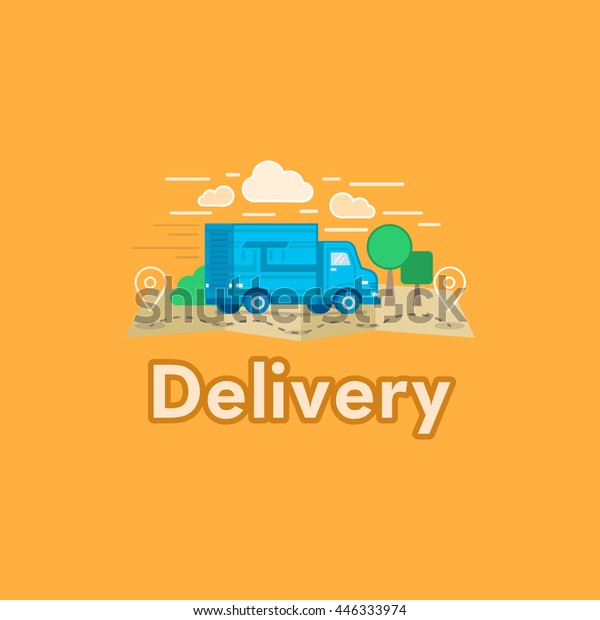 Flat car delivery illustration\
with map on orange background. Flat detailed\
illustration.