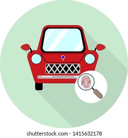 flat car icon with magnifying glass icon and fingerprint opening symbol on green background with shadow