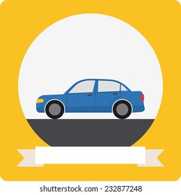 Flat car icon with round frame and ribbon