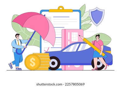 Documento de contrato de protección de la cobertura de seguro de automóvil plano con el concepto de política de documentación jurídica de garantía de vehículos blindados o automóviles. Estilo de diseño de esquema de ilustración vectorial mínima para la página de inicio.