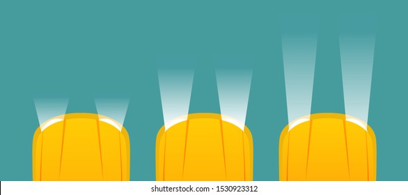 Flat car lights types collection with top view of three yellow automobiles and dipped high day lights. Isolated vector illustration