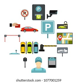 Flat car parking icons set. Universal car parking icons to use for web and mobile UI, set of basic car parking elements isolated vector illustration