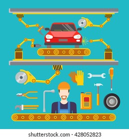 Flat car repair fix service production line conveyor concept. Vector illustration