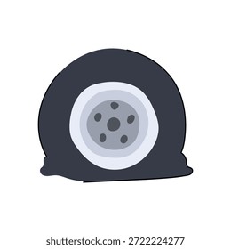 Flat car tire with sagging rubber around a light rim on white background, illustrating puncture, roadside breakdown, emergency repair or need for roadside assistance and spare replacement
