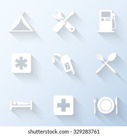 Flat car travel service icons with long shadows. Vector illustration