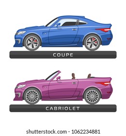 Flat car type and model. Coupe and cabriolet. Different automobile set with hardtop and open-air vehicle. Luxury transportation mockup.