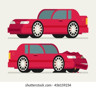 Flat car vehicle before and after car crash road accident.