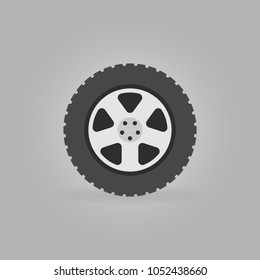 Flat car wheel tire vector icon or design element on gray background