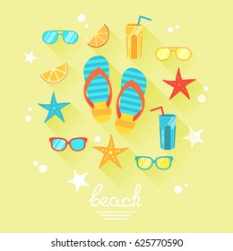 Flat card with beach summer holidays items include flip flops, sunglasses, cocktail, starfish, orange slices