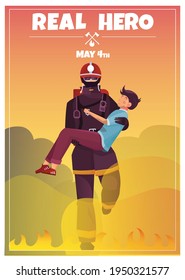 Flat card dedicated to international firefighters day with title real hero and date of holiday flat vector illustration