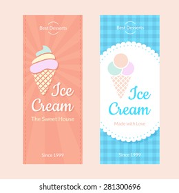 Flat card with Ice Cream. Dessert set banners design invitation background